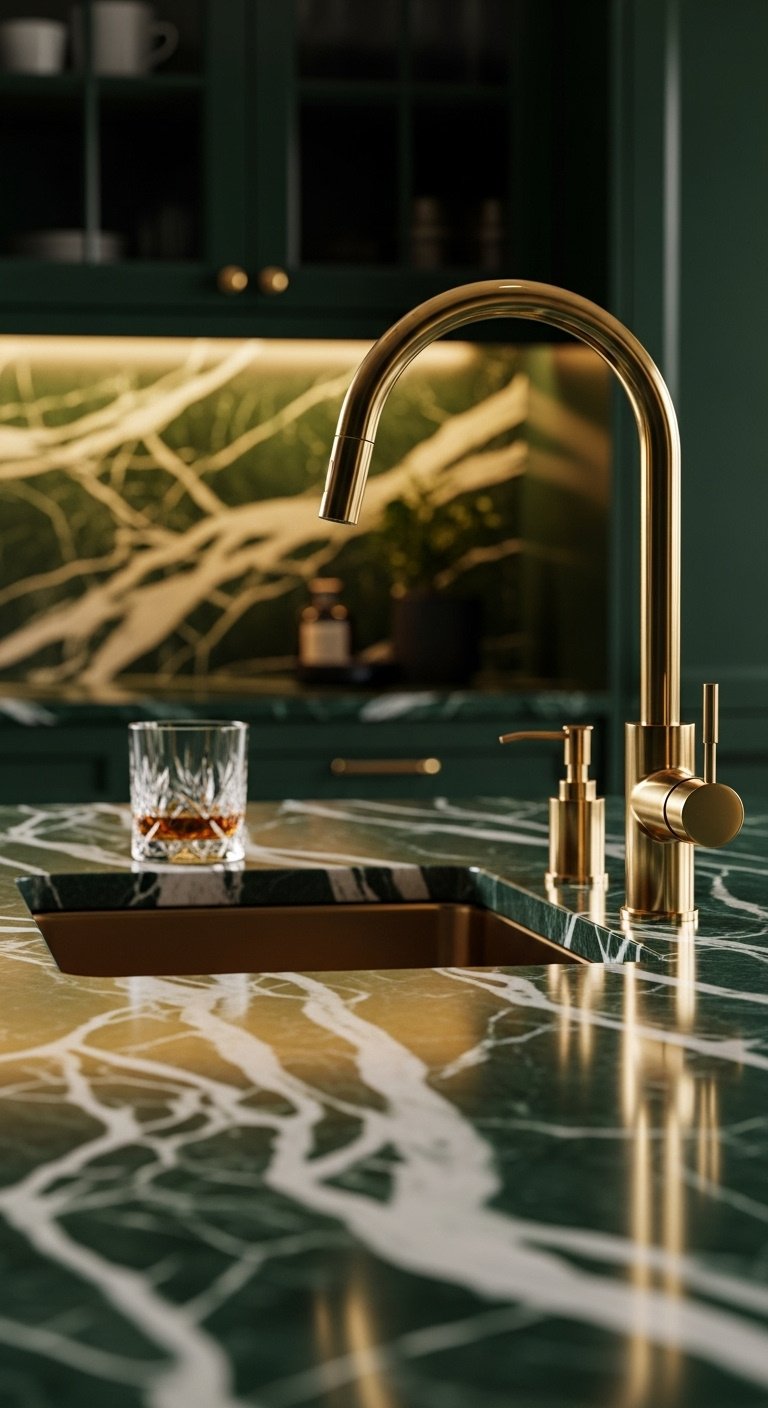 Luxe green marble and gold accents with a deep green marble countertop and polished gold gooseneck faucet