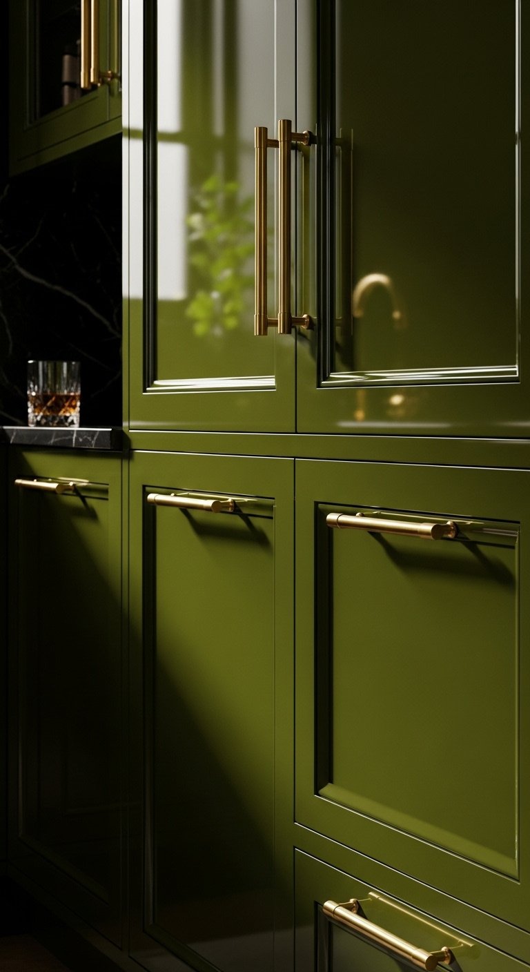 Luxe high-gloss deep olive green lacquered kitchen cabinets with polished brass trim and handles crystal whiskey glass