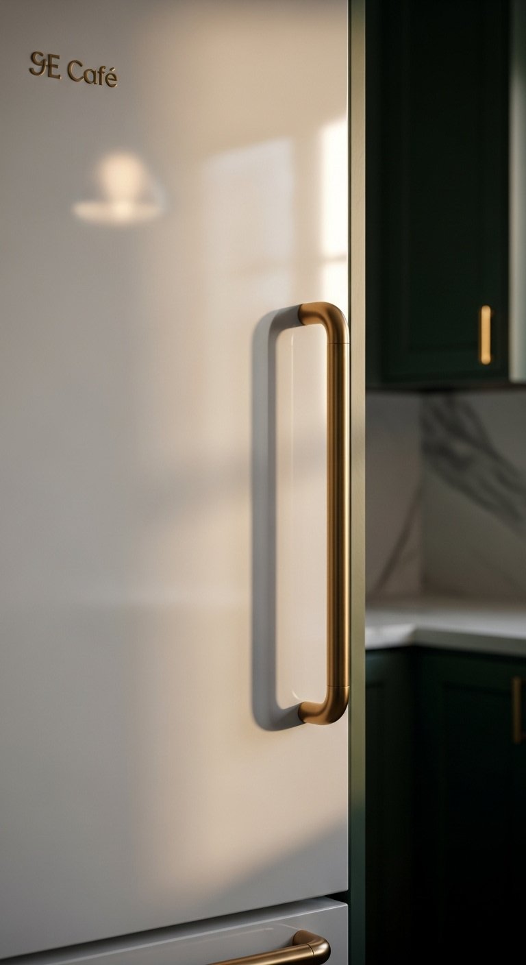 Luxe matte white appliances with gold handles GE Cafe refrigerator brushed bronze handle dark green cabinet and marble backsplash