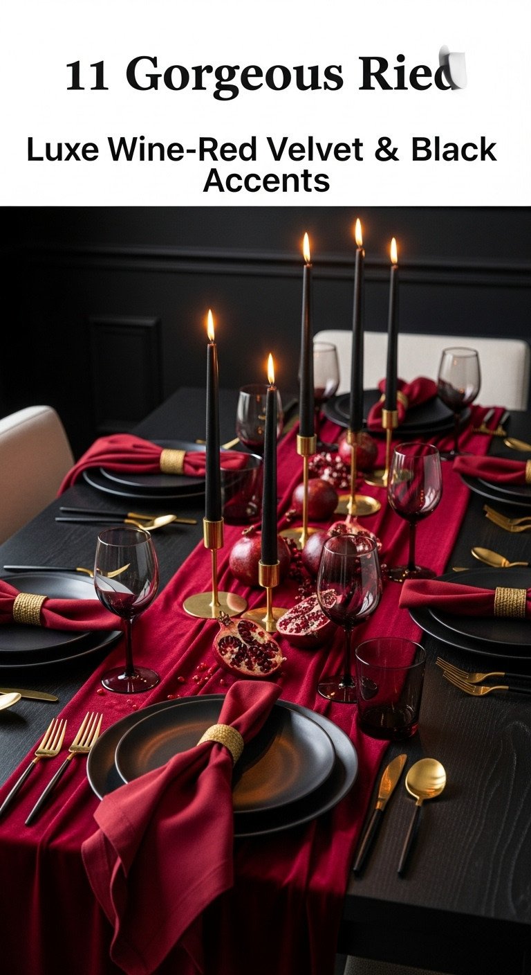 Luxe wine-red velvet and black accents Thanksgiving table decor with matte plates gold cutlery and black taper candles