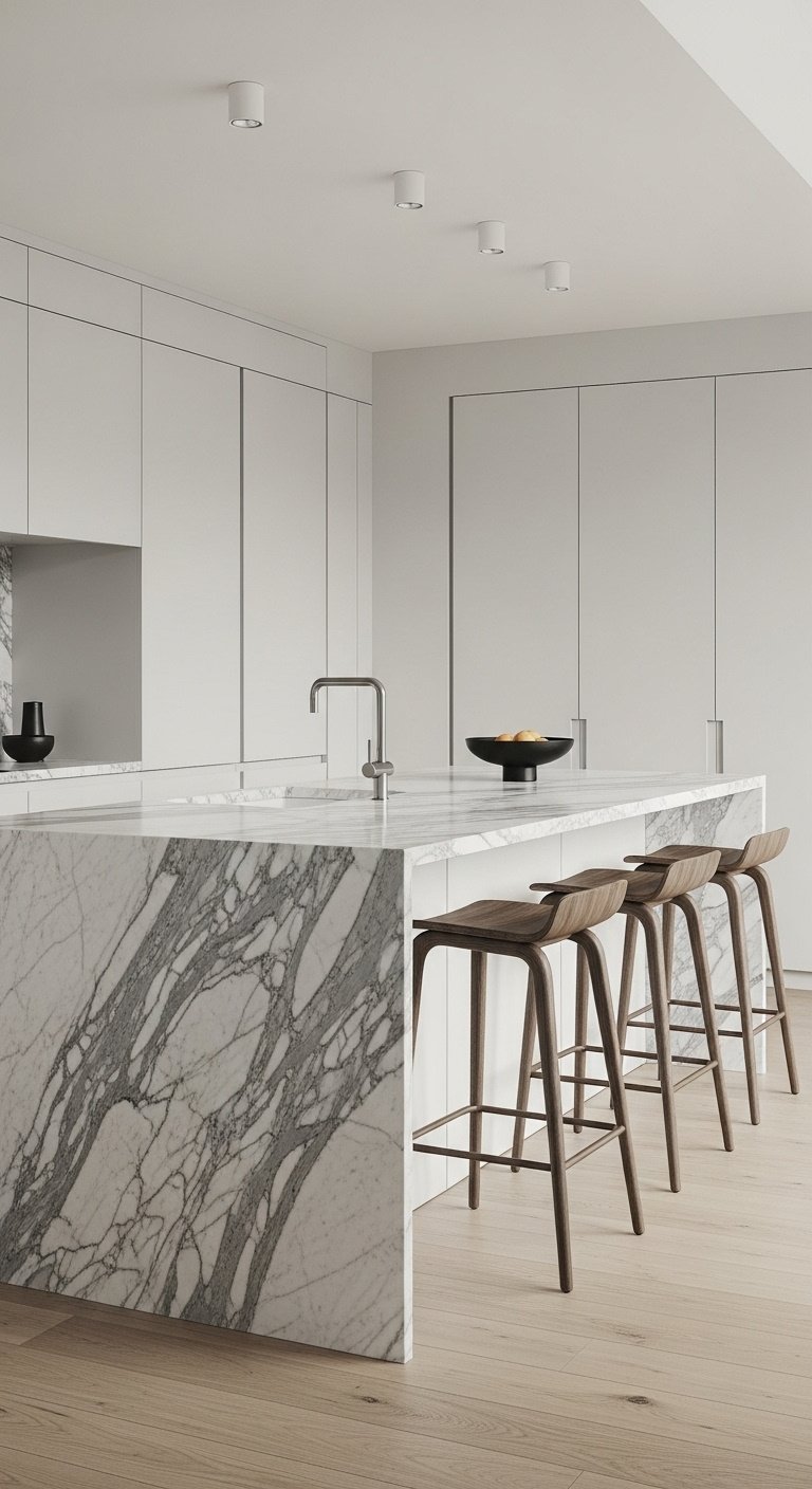 Luxurious Calacatta marble waterfall kitchen island with minimalist wooden stools and seamless white cabinets in natural light