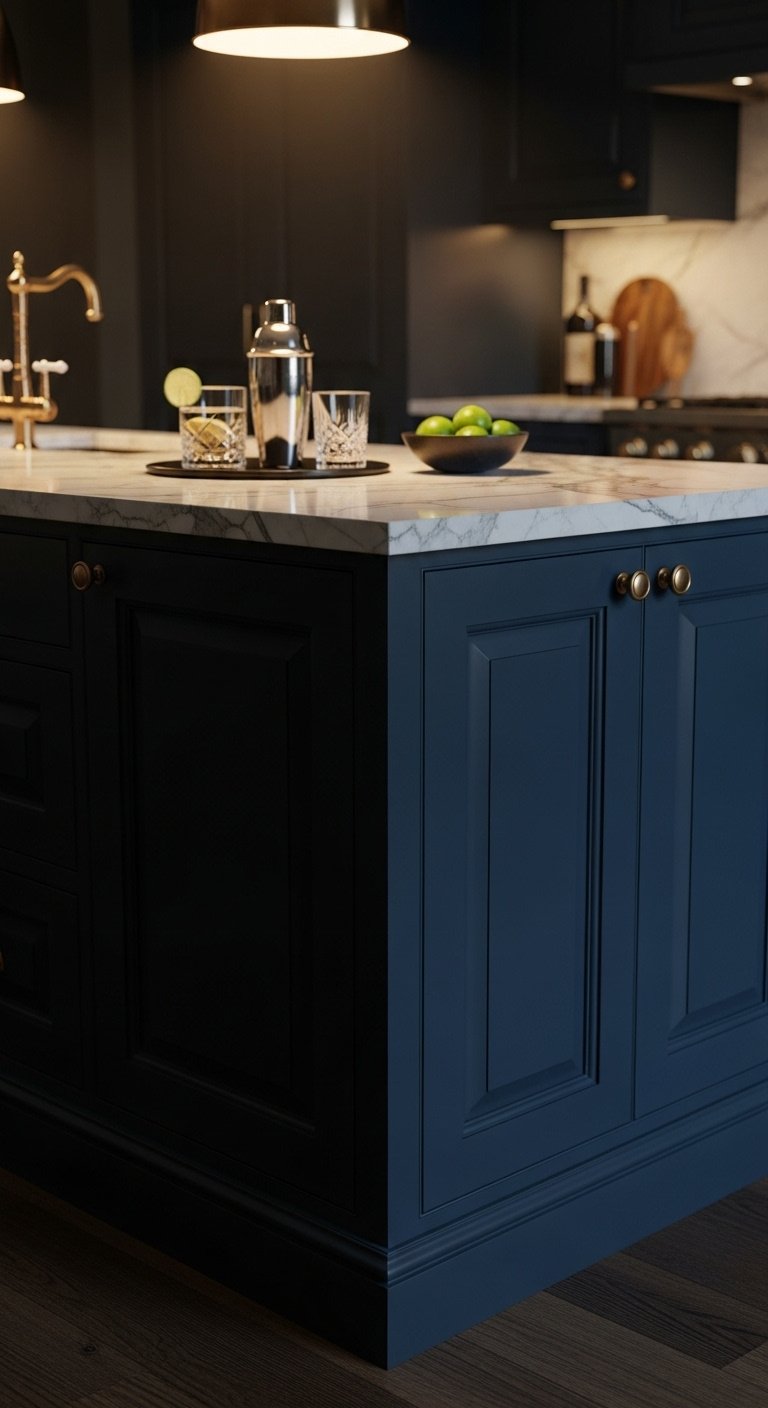 Luxurious deep moody blue kitchen island with white marble top brass hardware cocktail shaker dark wood floor moody light