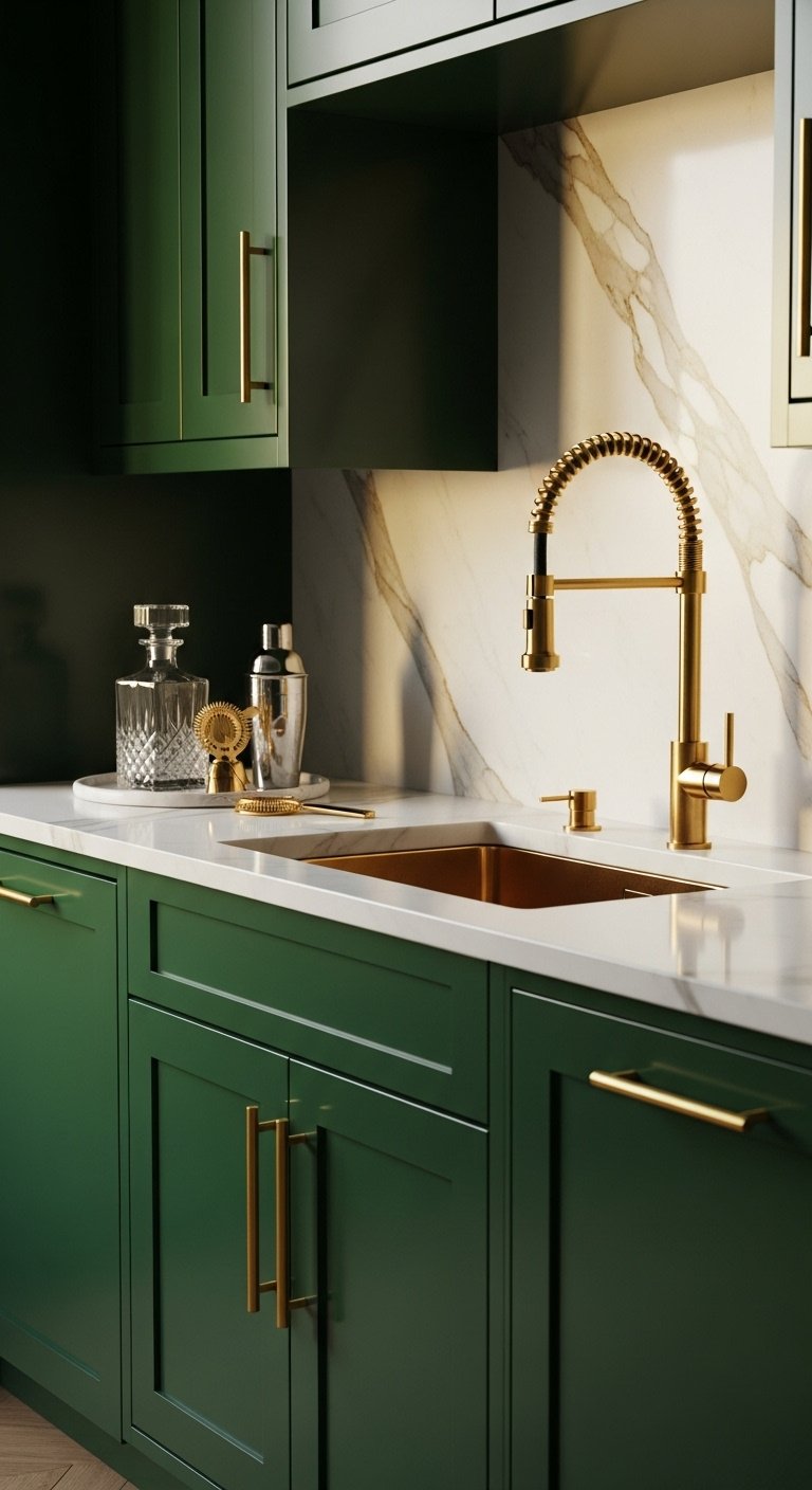 Luxurious emerald green cabinets with polished brass handles white marble countertop gold veining crystal decanter cocktail shaker