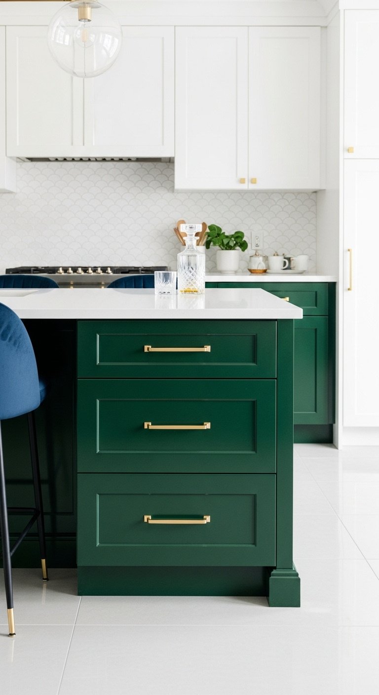 Luxurious emerald green kitchen island with polished gold hardware white countertop and velvet barstools