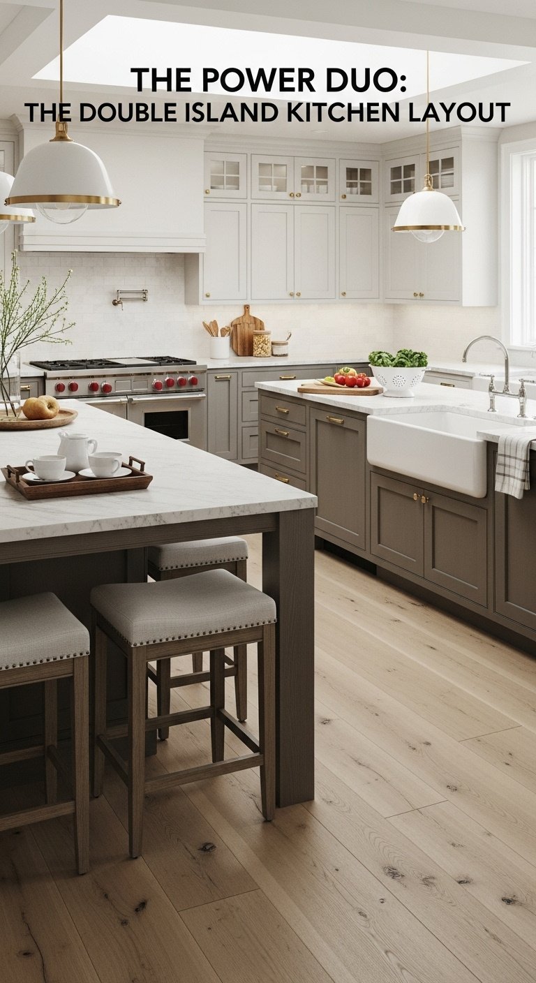 Luxurious farmhouse kitchen with two parallel islands one for seating with stools and one with a farmhouse sink