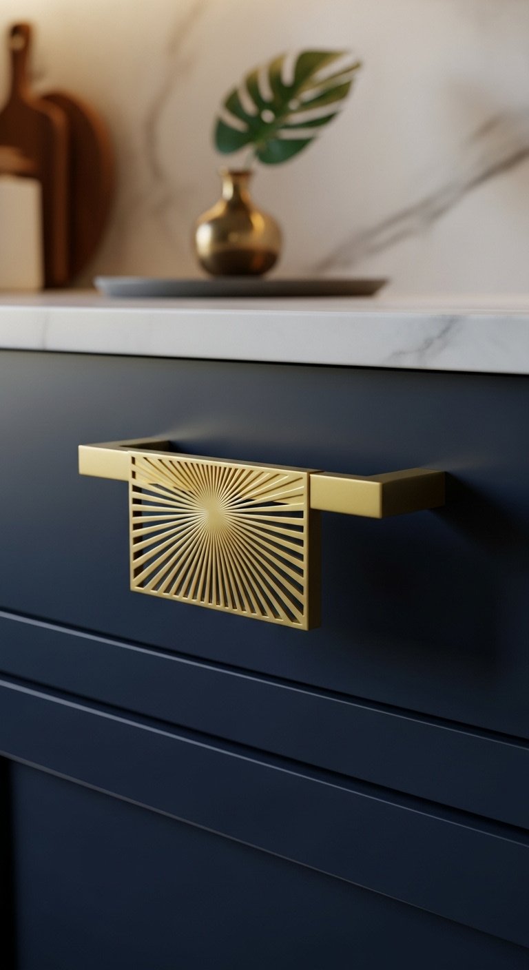 Luxurious geometric gold Art Deco pull handle on a deep navy flat-panel cabinet drawer, warm moody light, marble background