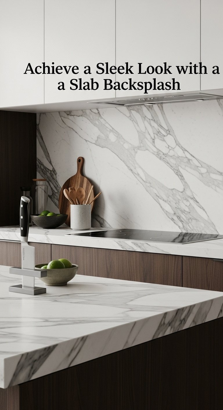 Luxurious kitchen with a seamless white marble slab backsplash and countertop, minimalist design with dark wood cabinets and limes