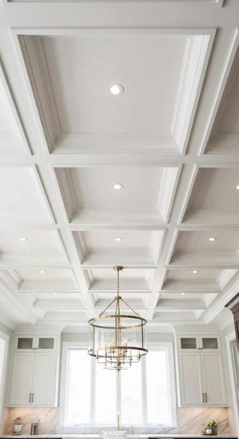 Luxurious white coffered kitchen ceiling with recessed lights an ornate chandelier and blurred marble countertops