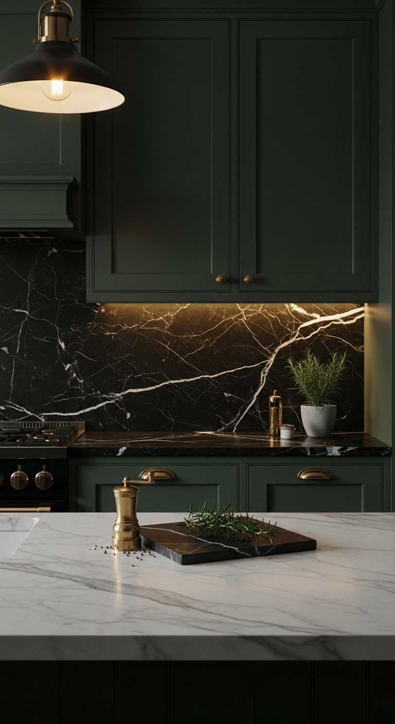 Luxury dark forest green shaker kitchen cabinets black marble countertop brass pepper mill rosemary moody lighting