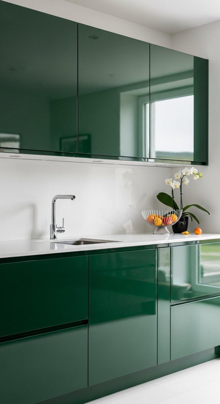 Luxury kitchen high-gloss lacquered dark green cabinets white solid surface countertop modern chrome fruit bowl orchid