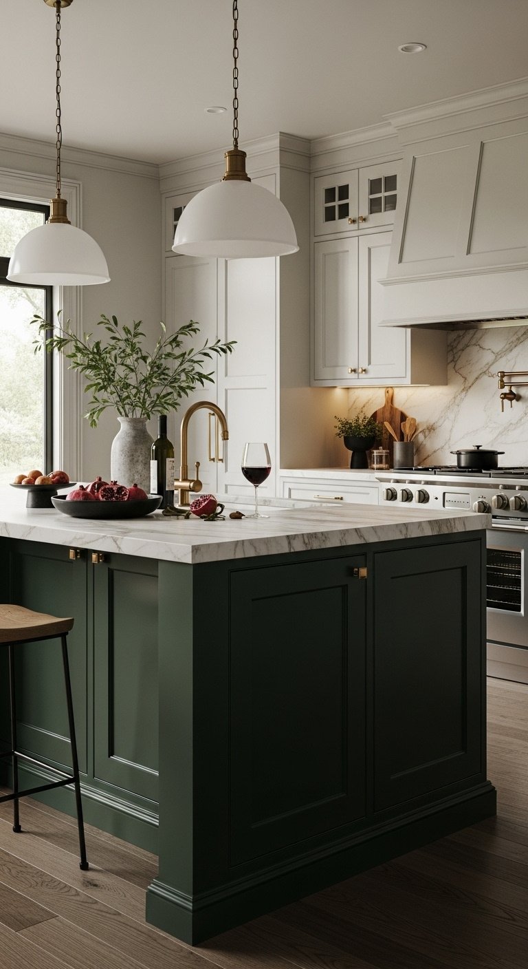 Luxury kitchen with deep forest green island and white perimeter cabinets with gold marble countertop