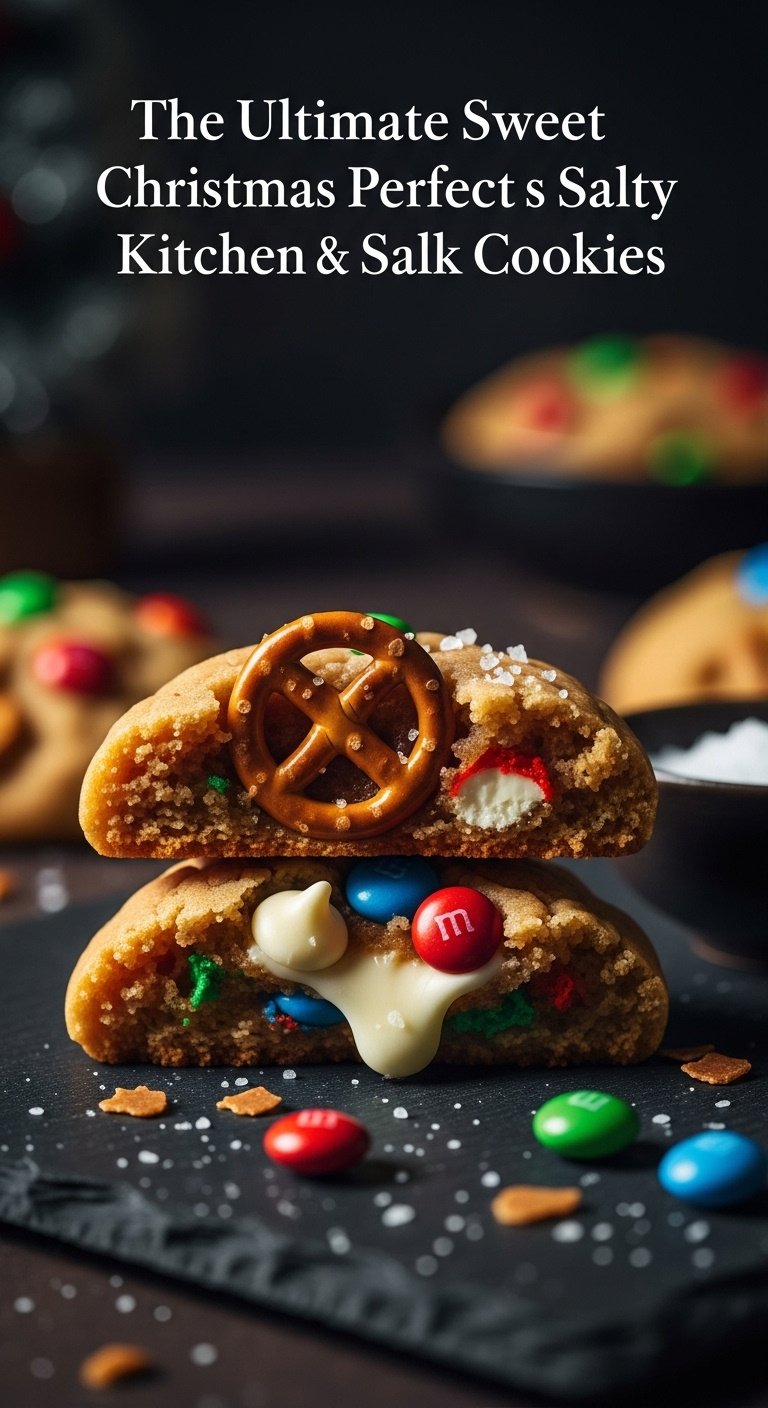 Macro close-up of a broken Christmas Kitchen Sink Cookie showing pretzel white chocolate MMs and sea salt for sweet salty balance