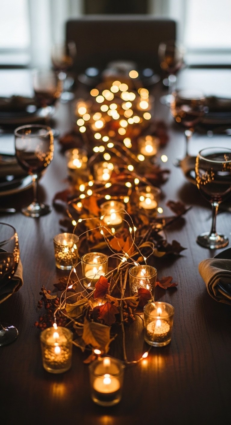 Magical twinkle Thanksgiving centerpiece with fairy lights votive candles autumn leaves and small branches on dark wood table