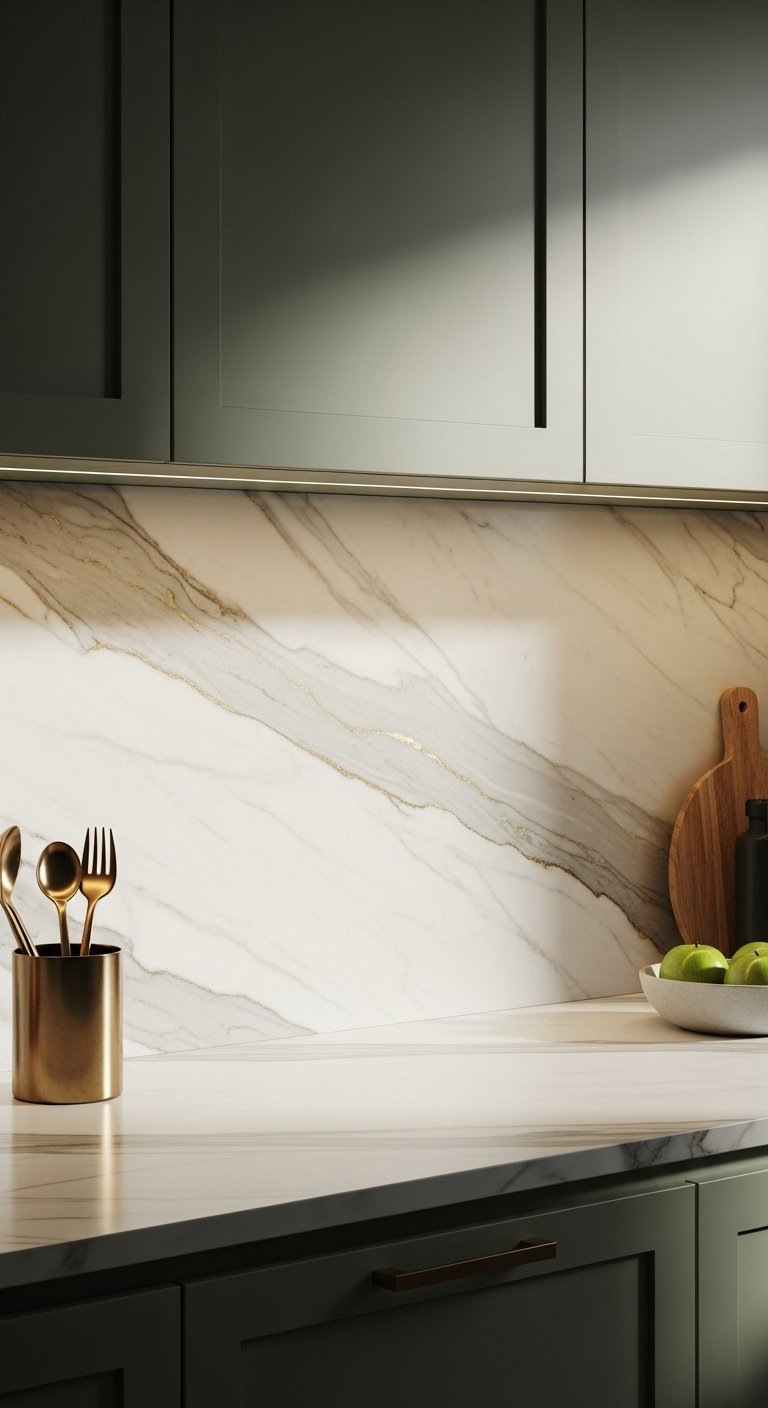 Marble look porcelain slab backsplash with soft gray gold veining matching countertop sage green cabinets brass utensil holder green apples