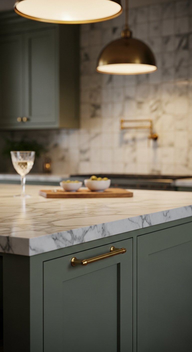 Marble topped kitchen island muted sage green cabinetry brushed gold cabinet pull crystal wine glass bowl of olives