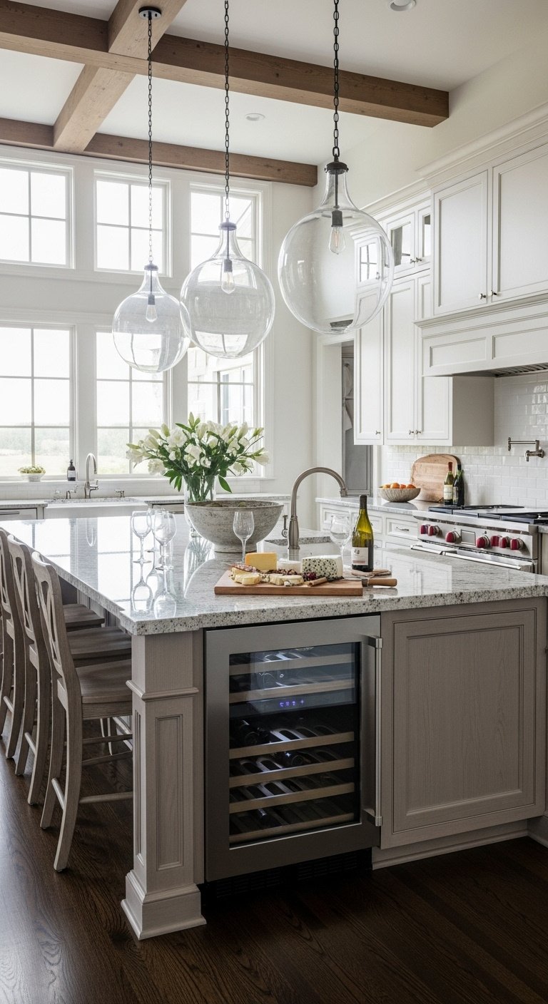 Massive extra-long farmhouse kitchen island with light granite top built-in wine fridge and seating for five in a spacious kitchen