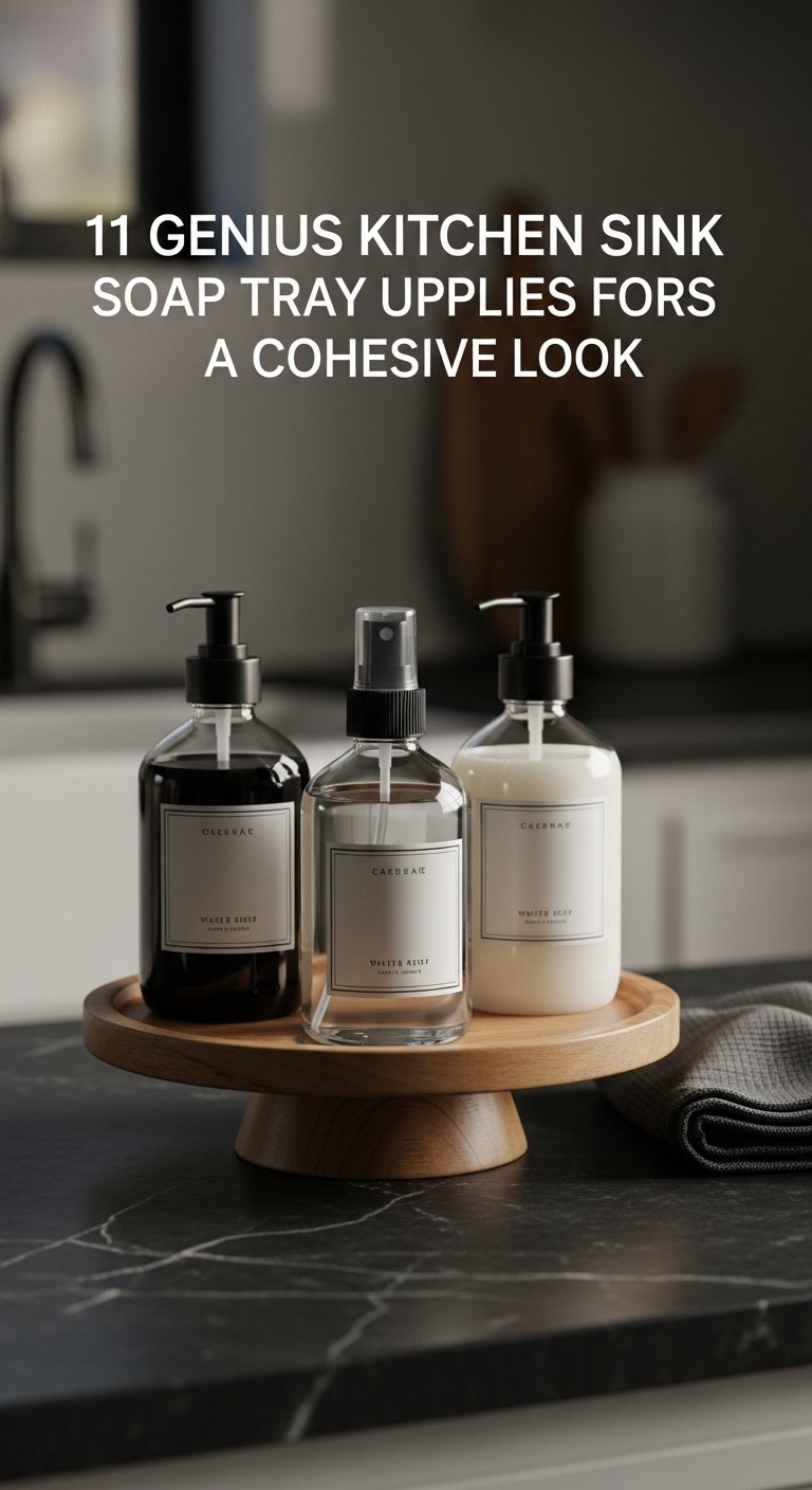 Matching clear glass decanted soap and spray bottles with minimalist labels on a wooden tray for cohesive kitchen organization
