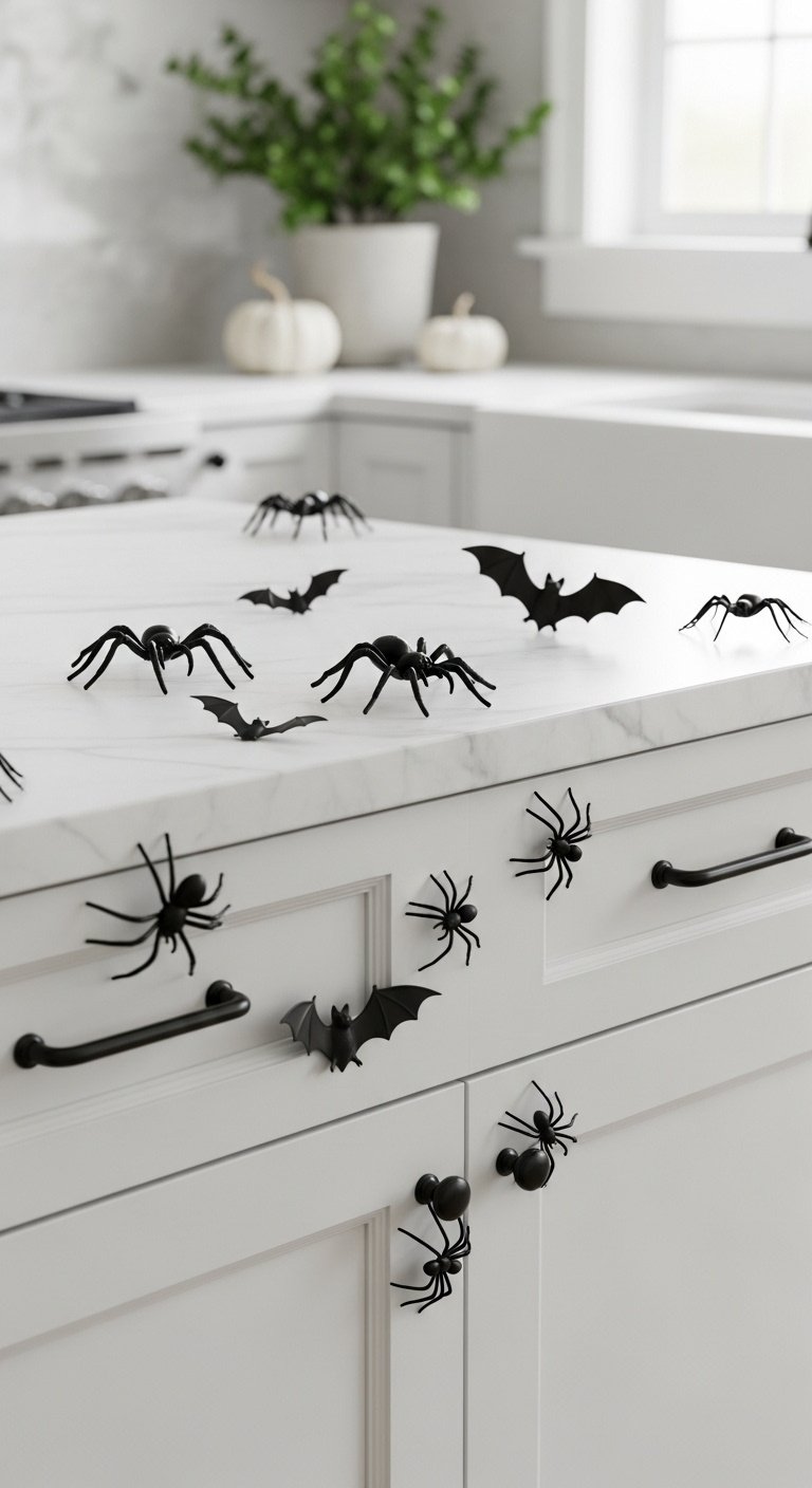 Matte black 3D plastic spiders and bats crawling across clean white shaker-style kitchen cabinets with a small white pumpkin and green plant