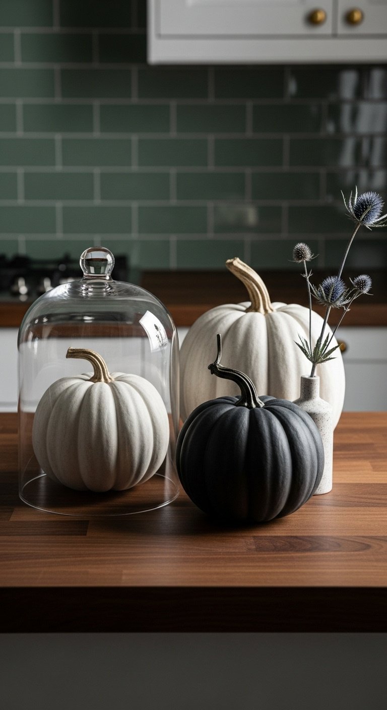 Matte black and white pumpkins on a dark wood counter with a glass cloche and dried thistle in a sage green kitchen