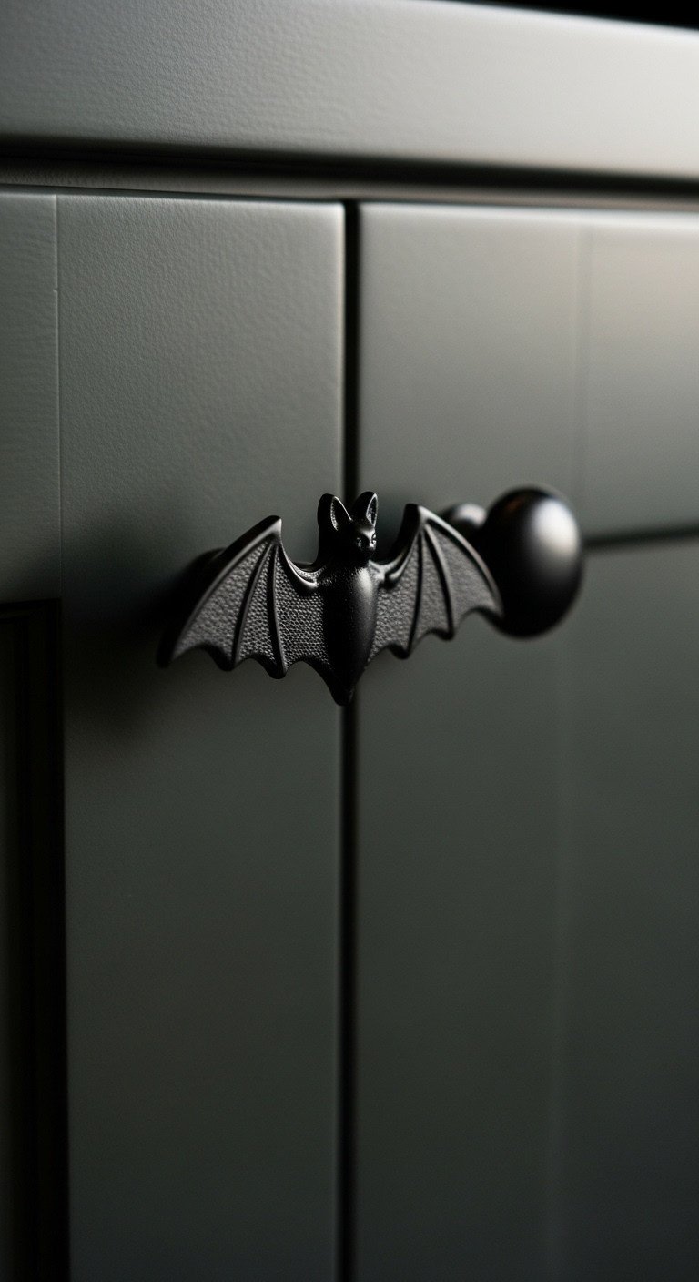 Matte black bat cabinet knob on a dark green kitchen cabinet with dramatic lighting for a gothic Halloween theme