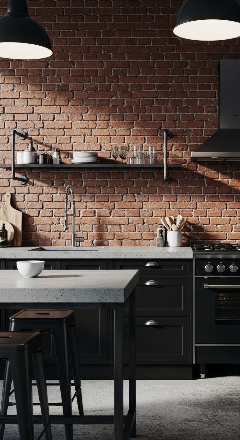 Matte black cabinets with raw concrete countertop and red brick backsplash in an industrial style kitchen with metal bar stools