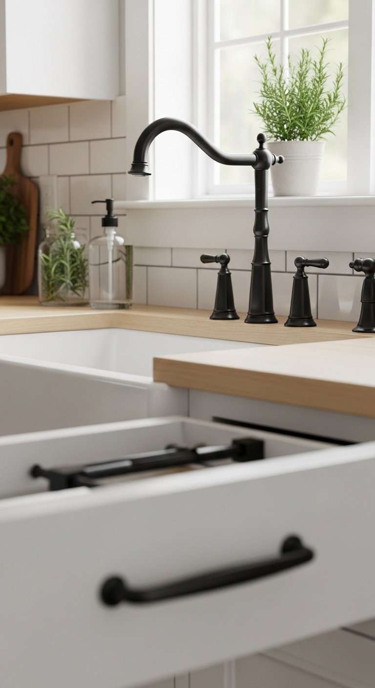 Matte black gooseneck kitchen faucet over a farmhouse sink with a matching matte black cabinet pull, soft natural light
