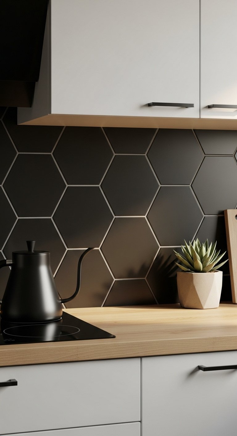 Matte black hexagon tile backsplash light grey grout light wood countertop white lower cabinets black gooseneck kettle succulent concrete pot
