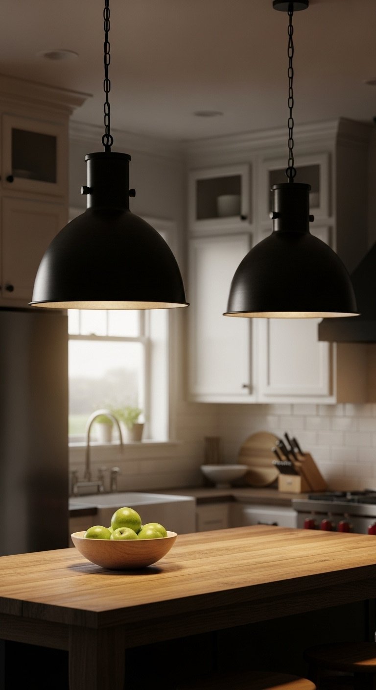 Matte black industrial pendant lights over rustic wooden kitchen island with a bowl of green apples and white cabinets