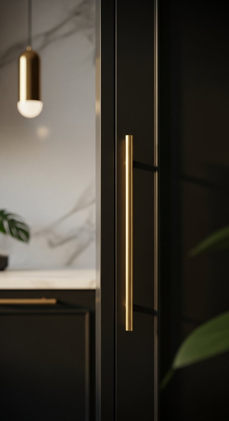 Matte black kitchen cabinet with brushed brass bar handle marble backsplash and a hint of a green plant in a modern luxurious kitchen
