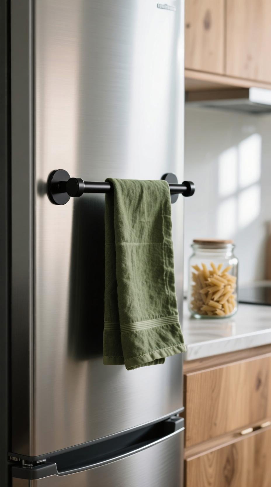Matte black magnetic towel bar with olive green linen tea towel on a stainless steel refrigerator in a modern kitchen