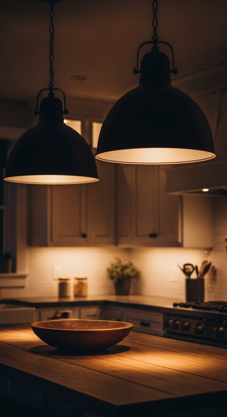 Matte black metal dome pendant lights casting warm glow over a rustic kitchen island at night