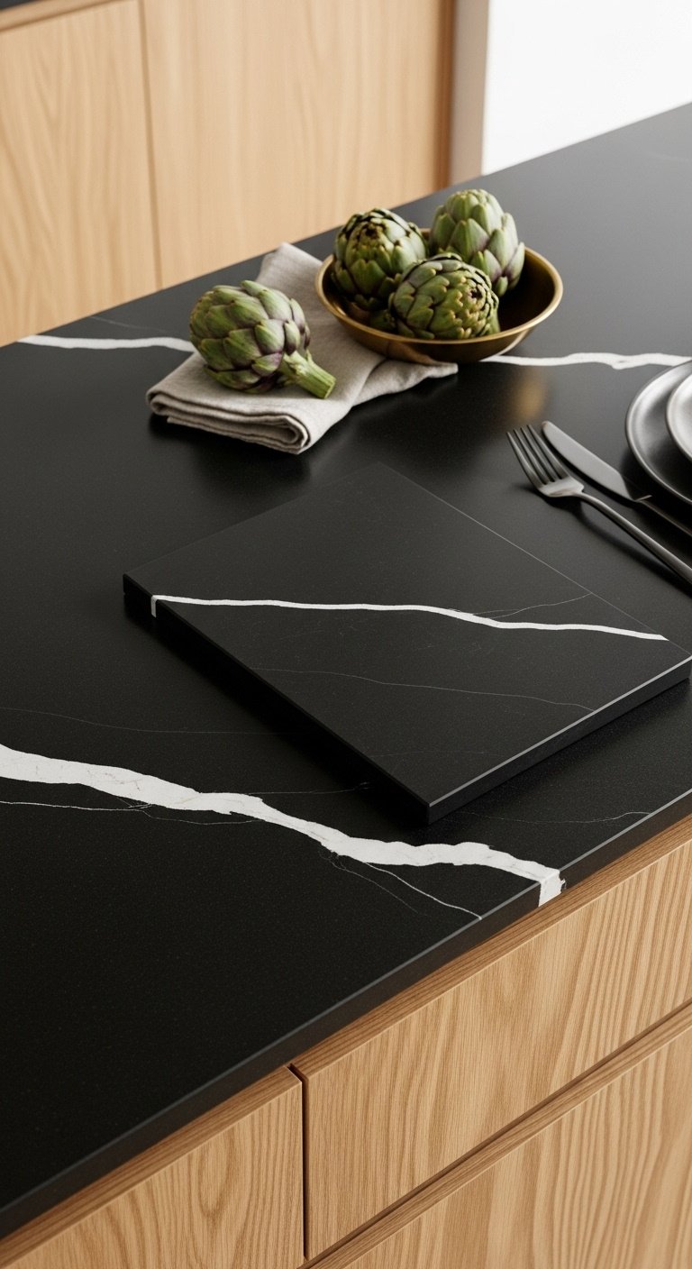 Matte black quartz countertop with a white vein paired with natural oak cabinets brass bowl and black flatware
