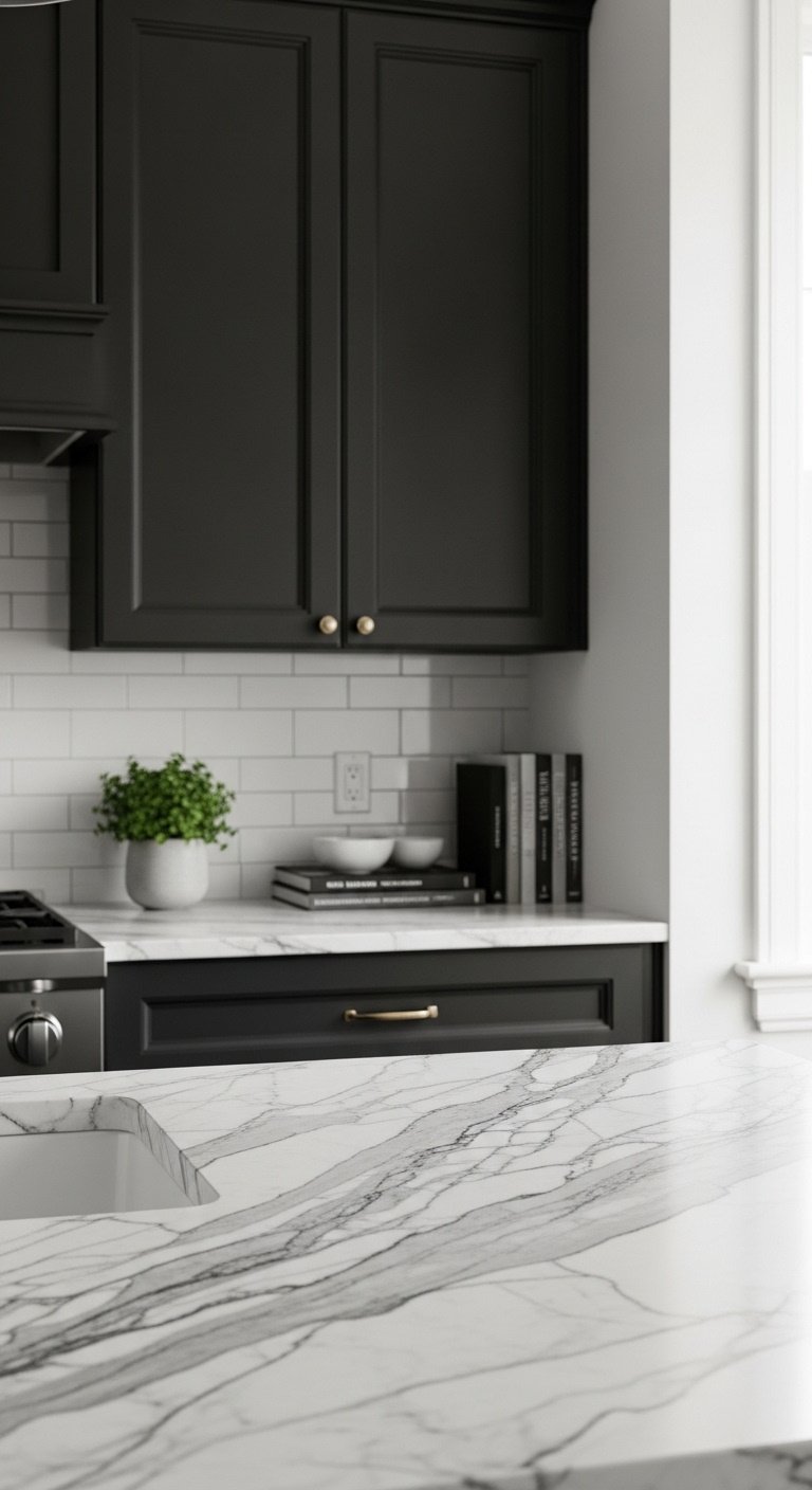 Matte black shaker kitchen cabinets with white Calacatta marble countertop and subtle green plant in a modern minimalist kitchen design