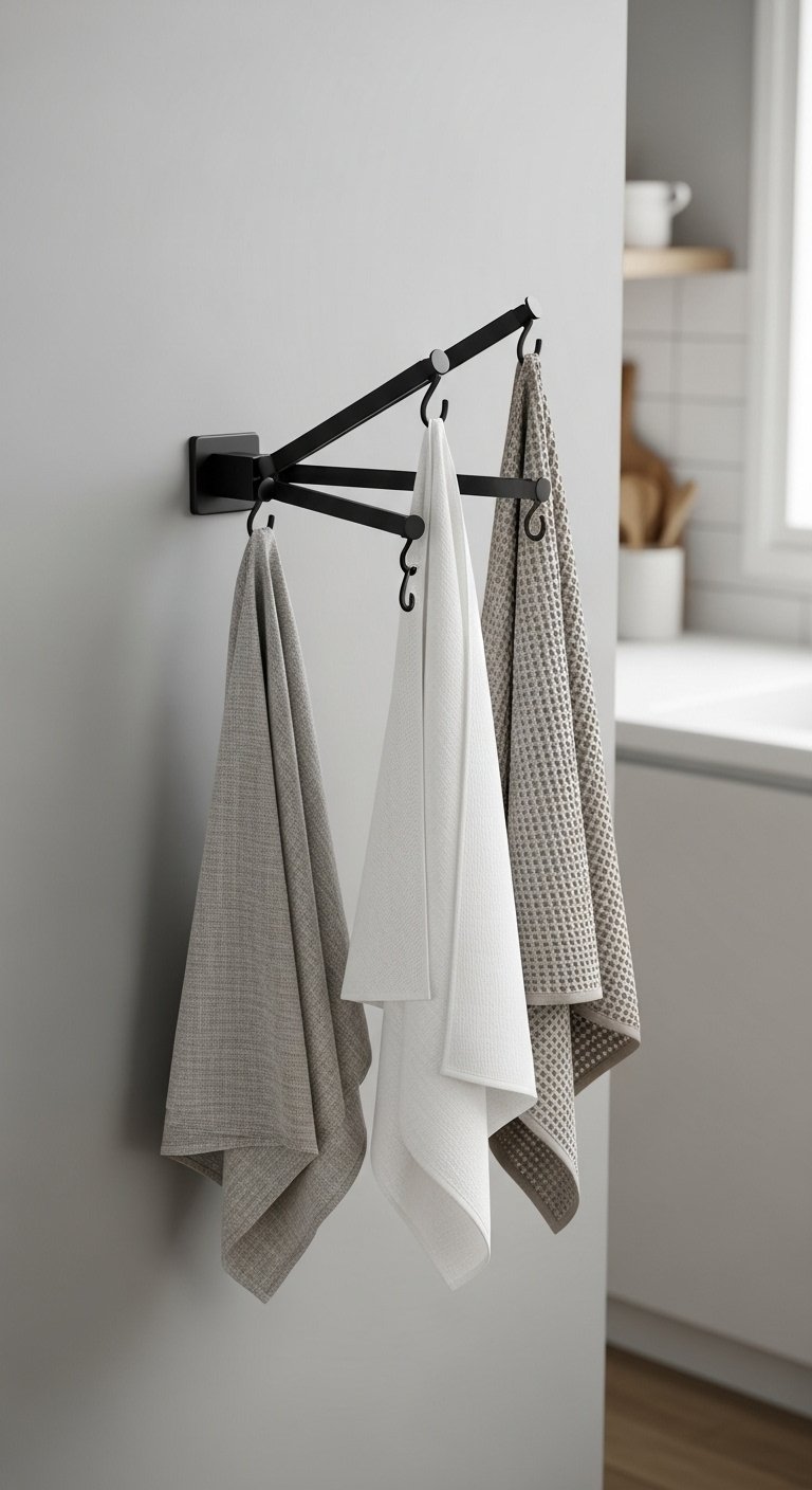 Matte black three tiered swing arm towel rack with neutral towels on a light gray kitchen wall