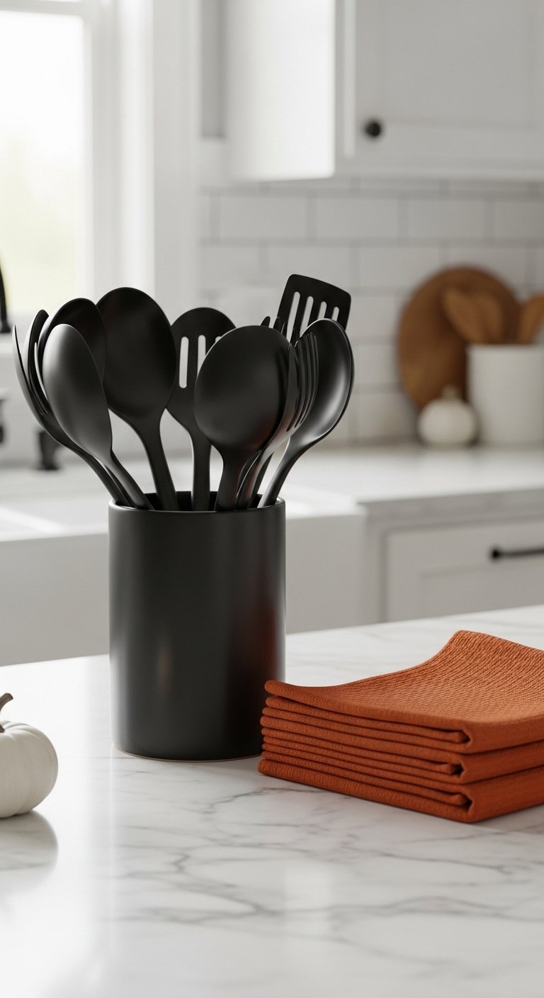 Matte black utensils and burnt orange dish towels on a marble kitchen counter with a small white pumpkin