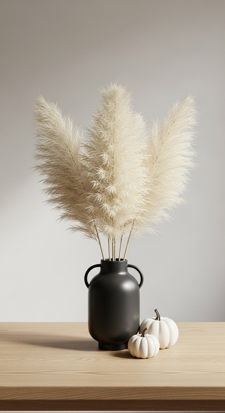 Matte black vase with cream pampas grass on a light oak coffee table with a small white pumpkin