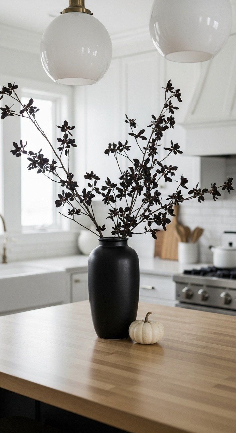 Matte black vase with dark autumn branches and white gourd on a minimalist kitchen island decor