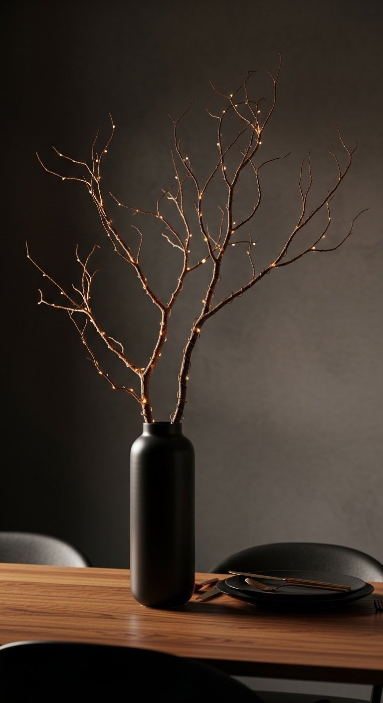 Matte black vase with dramatic bare branches wrapped in fairy lights on a dark wood dining table
