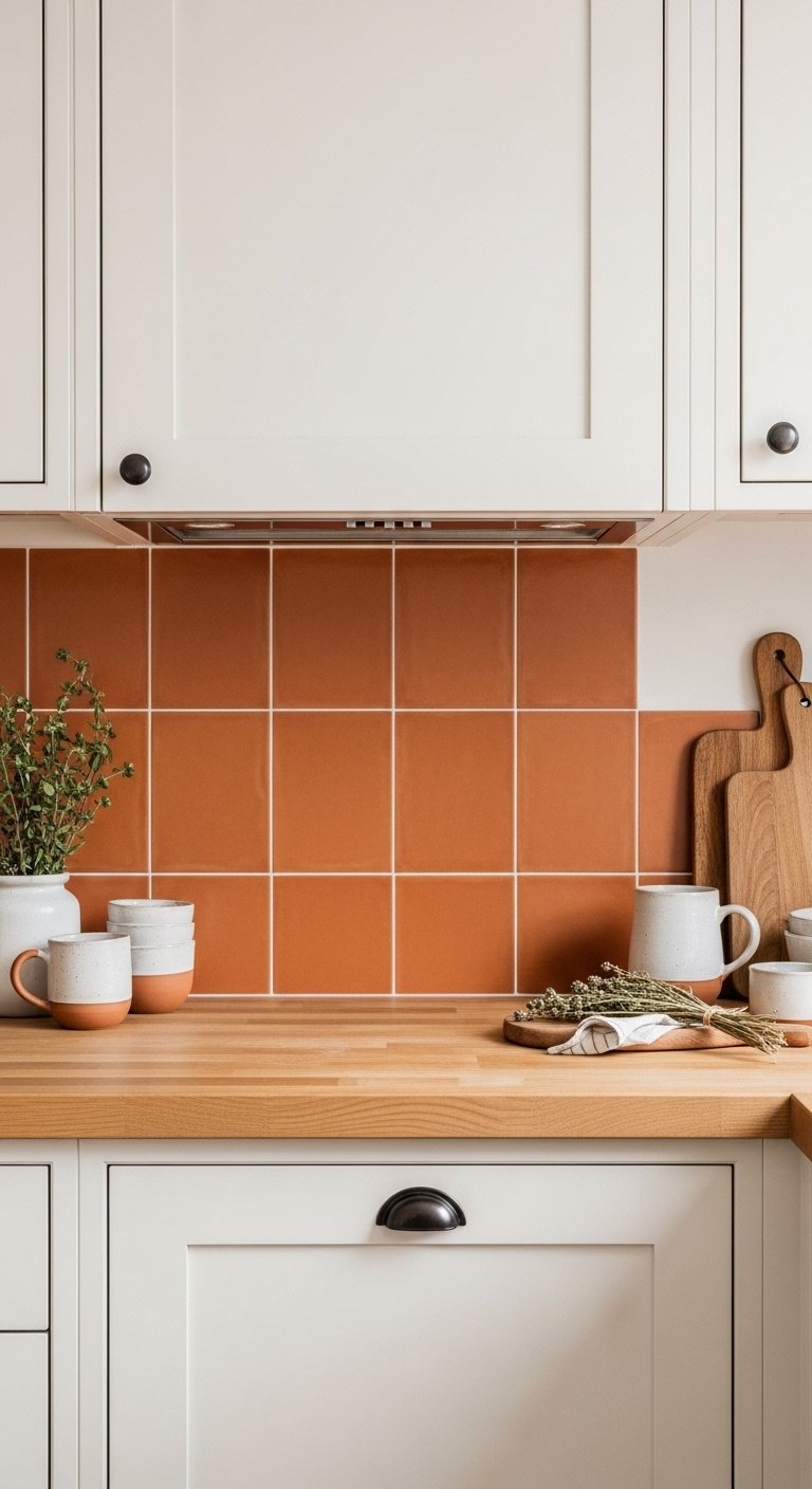 Matte terracotta square tile backsplash butcher block countertop cream shaker cabinets ceramic mugs wooden cutting board dried herbs