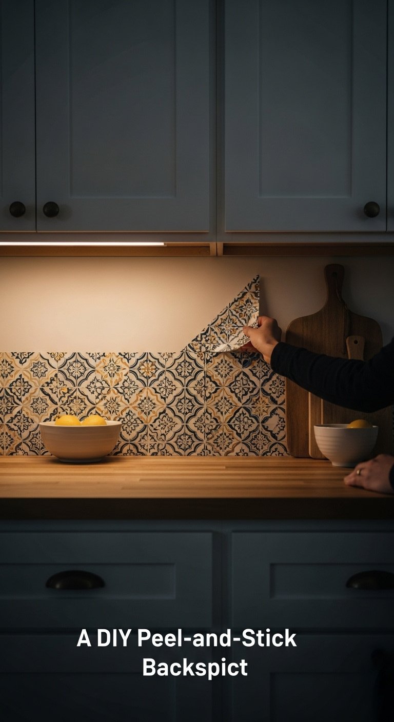 Mediterranean patterned peel and stick tiles being applied as a DIY kitchen backsplash above a butcher block countertop with lemons