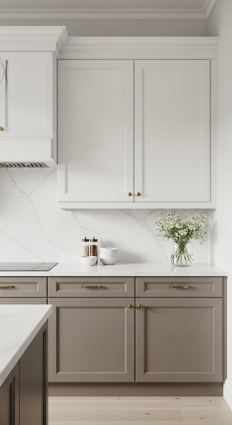 Medium taupe lower and crisp white upper kitchen cabinets with light quartz countertop and brass hardware