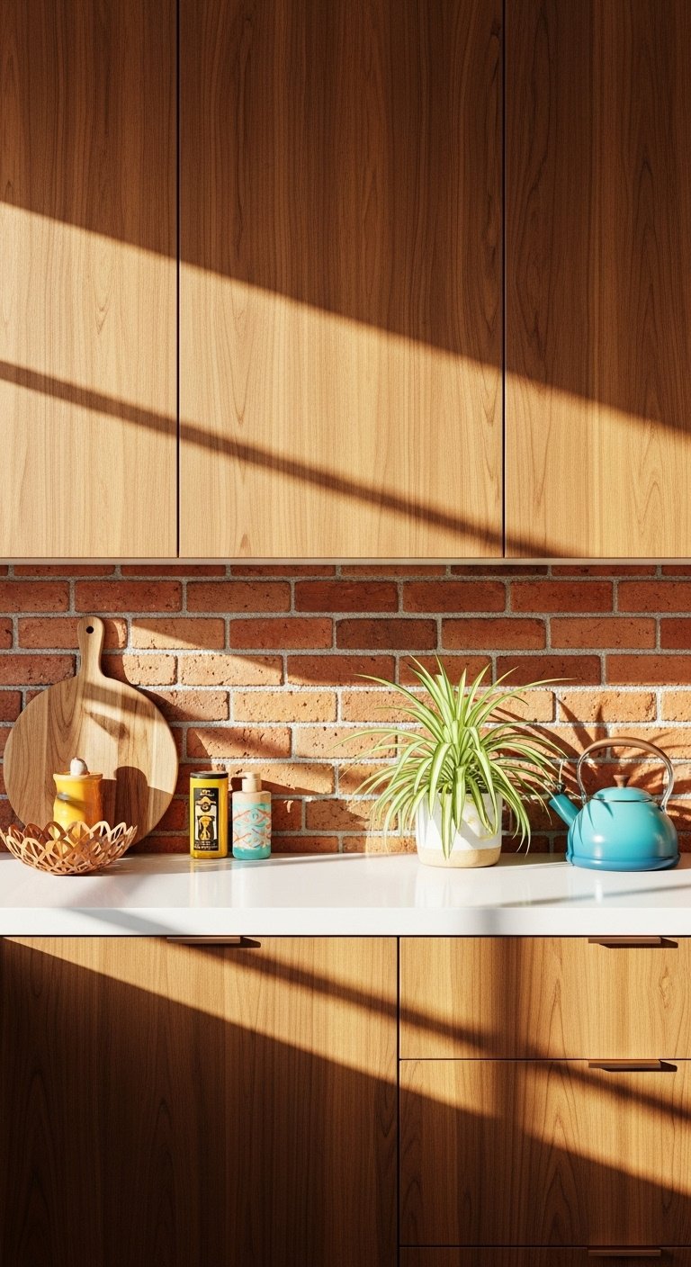 Mid-century modern kitchen with a reclaimed brick backsplash white counter walnut cabinets and vintage decor