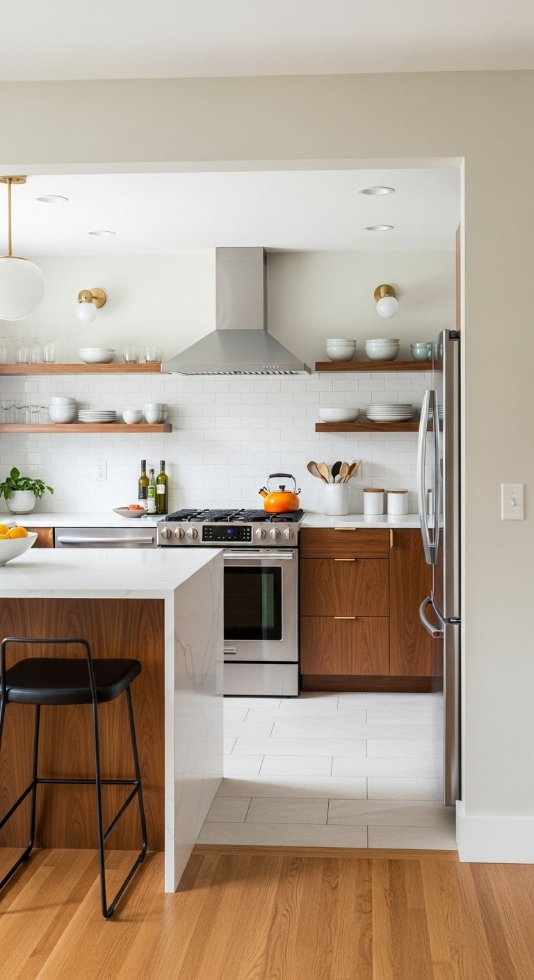 Mid-century modern open concept kitchen with flat-panel walnut cabinets white quartz countertops and floating shelves