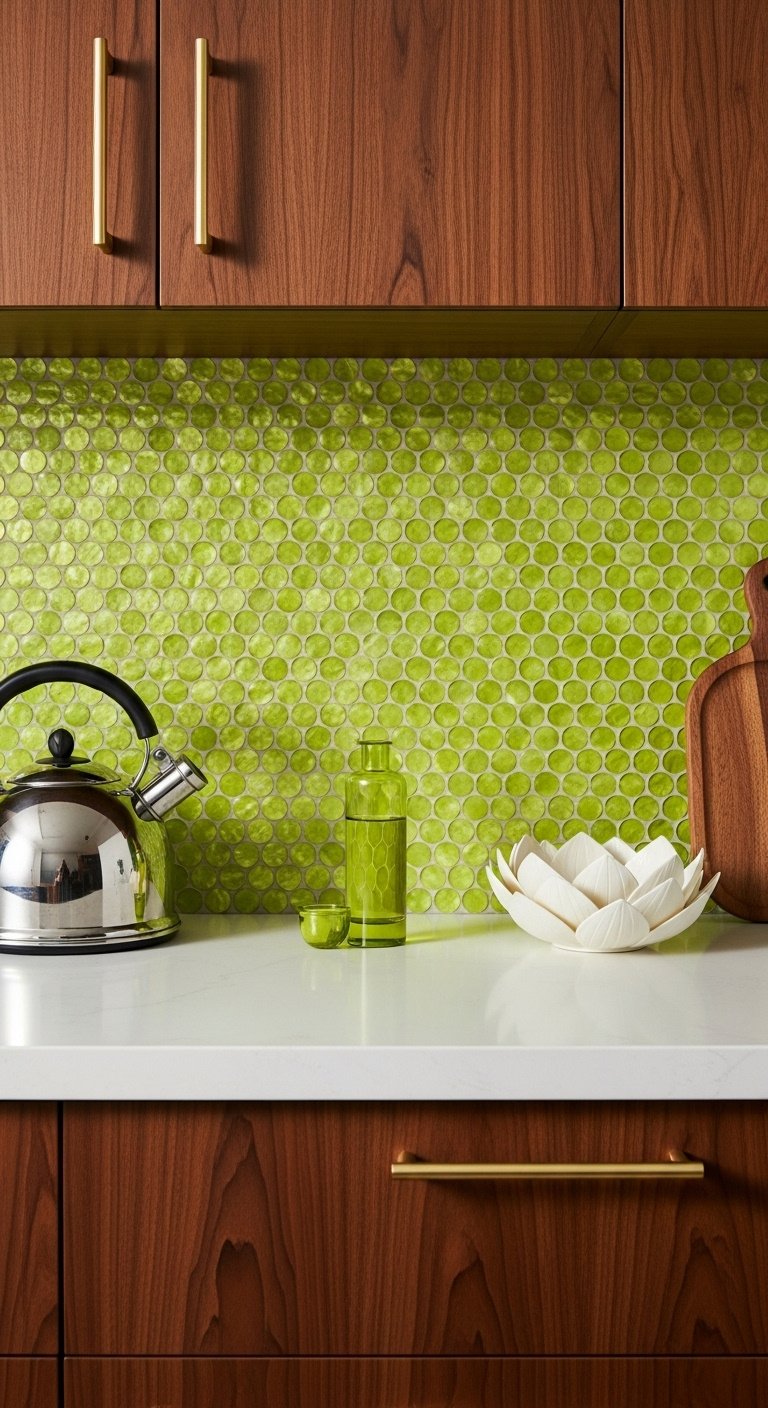 Mid-century pop chartreuse glass penny tile backsplash with white countertop and dark walnut cabinet