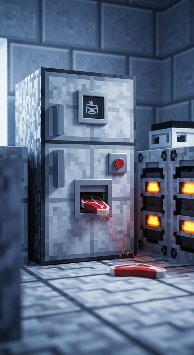 Minecraft functional Redstone kitchen with iron block refrigerator dispenser button and cooked steak on floor