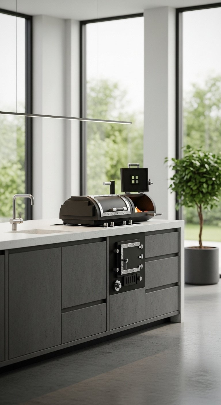 Minecraft modern kitchen with white quartz counters dark gray cabinets integrated smoker stovetop and end rod lighting