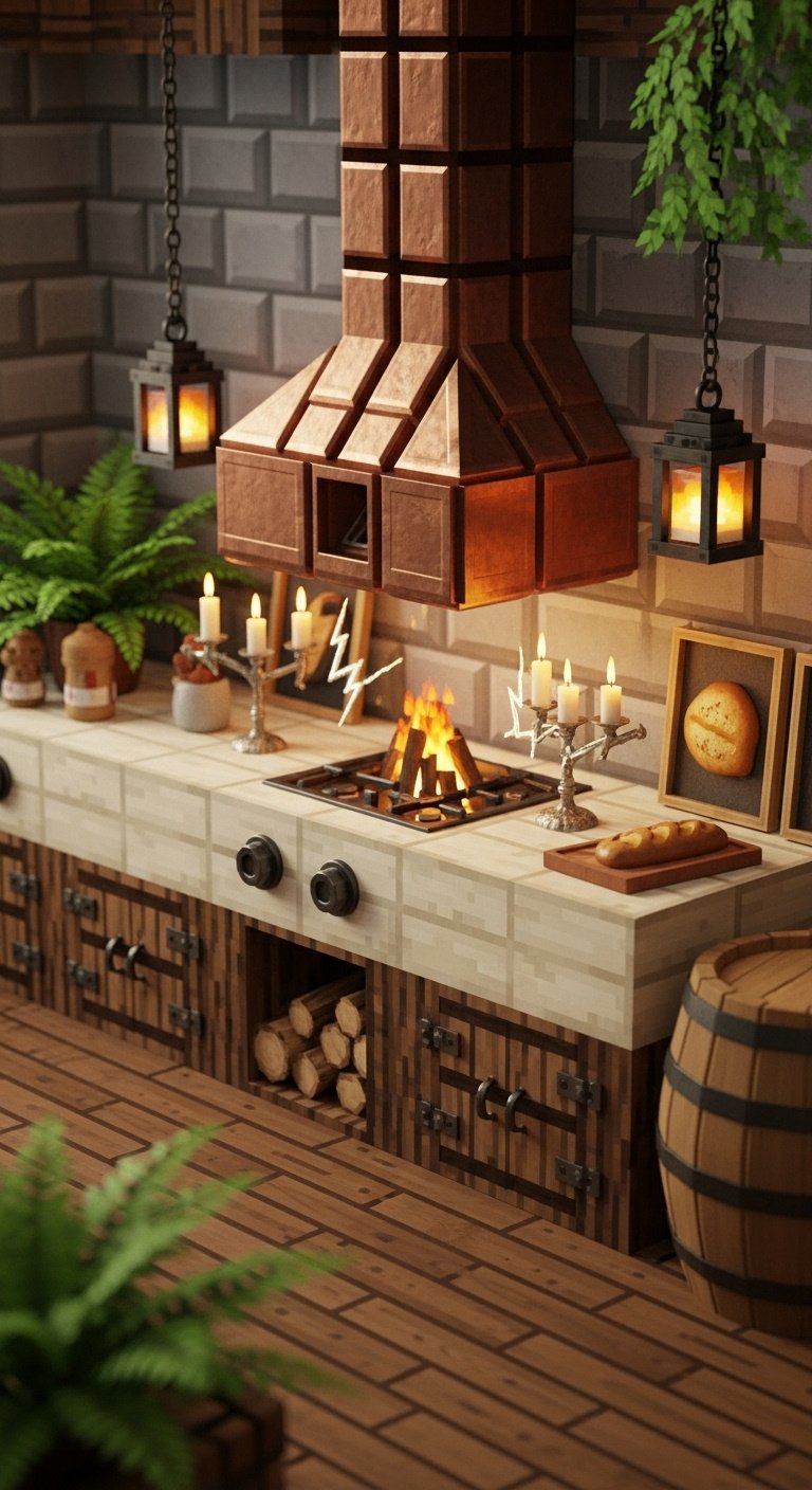 Minecraft rustic kitchen with spruce log counters barrel cabinets copper hood over campfire stove and lightning rod candles