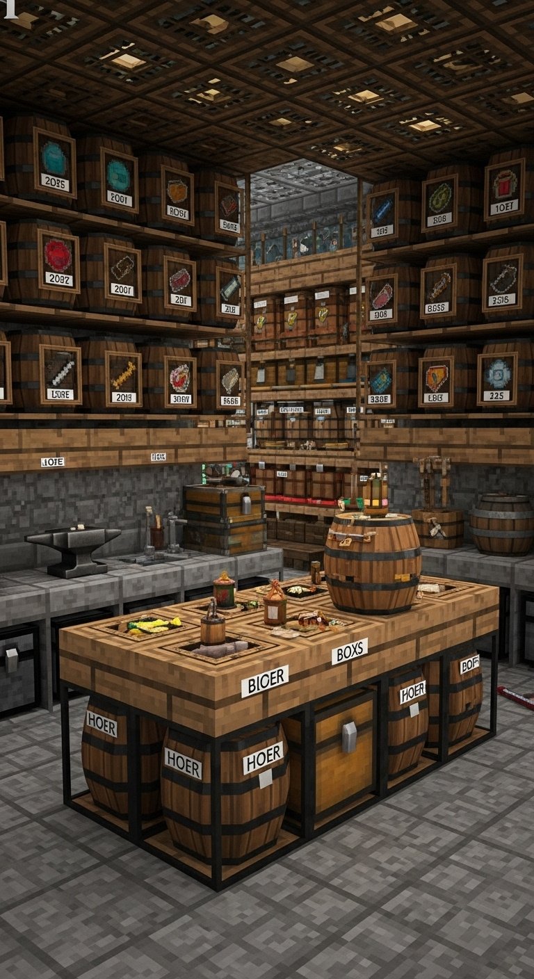 Minecraft ultimate storage kitchen with floor-to-ceiling barrels labeled item frames and a central island with chests