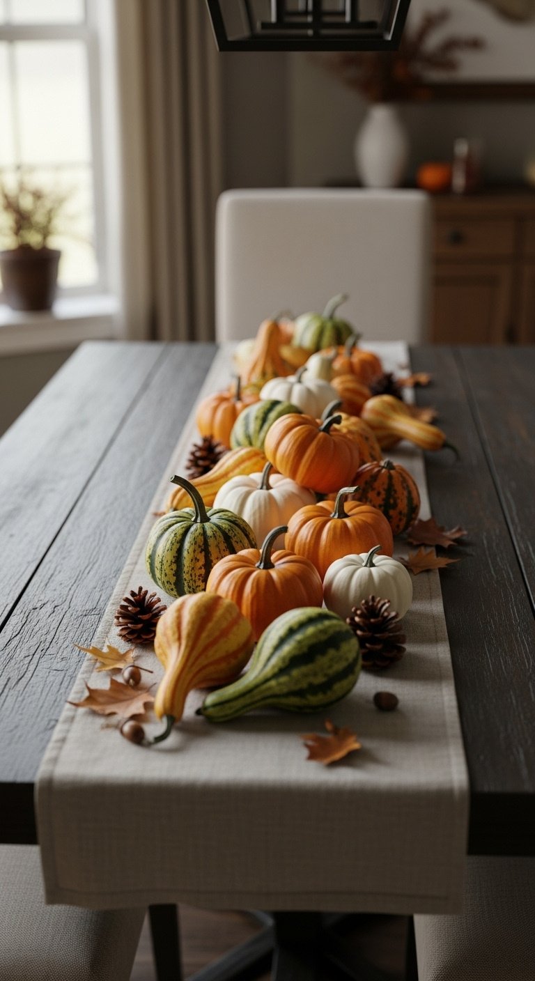Mini pumpkins and gourds scattered on a rustic linen table runner on a dark reclaimed wood dining table