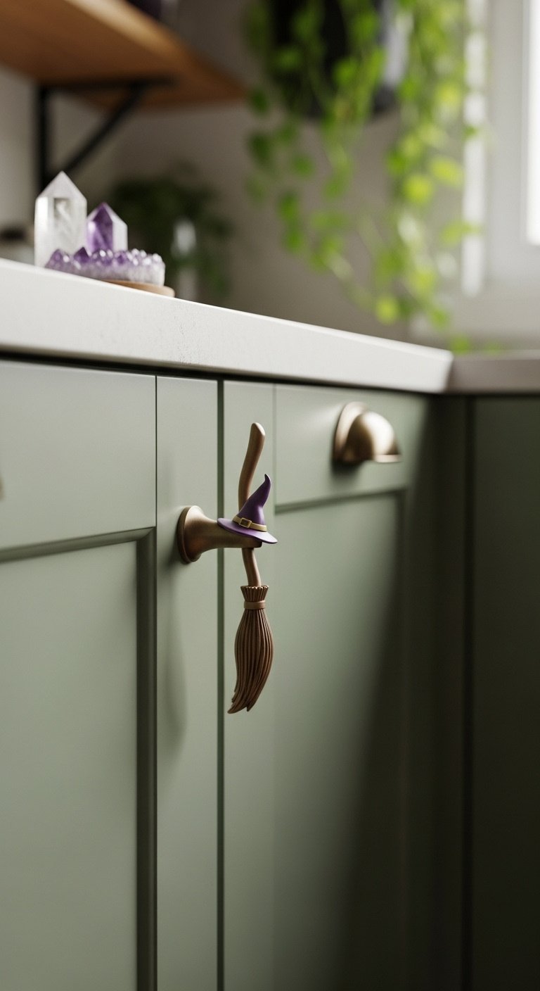 Miniature witch's broomstick cabinet handle on a sage green kitchen cabinet door with blurred crystals and a hanging plant